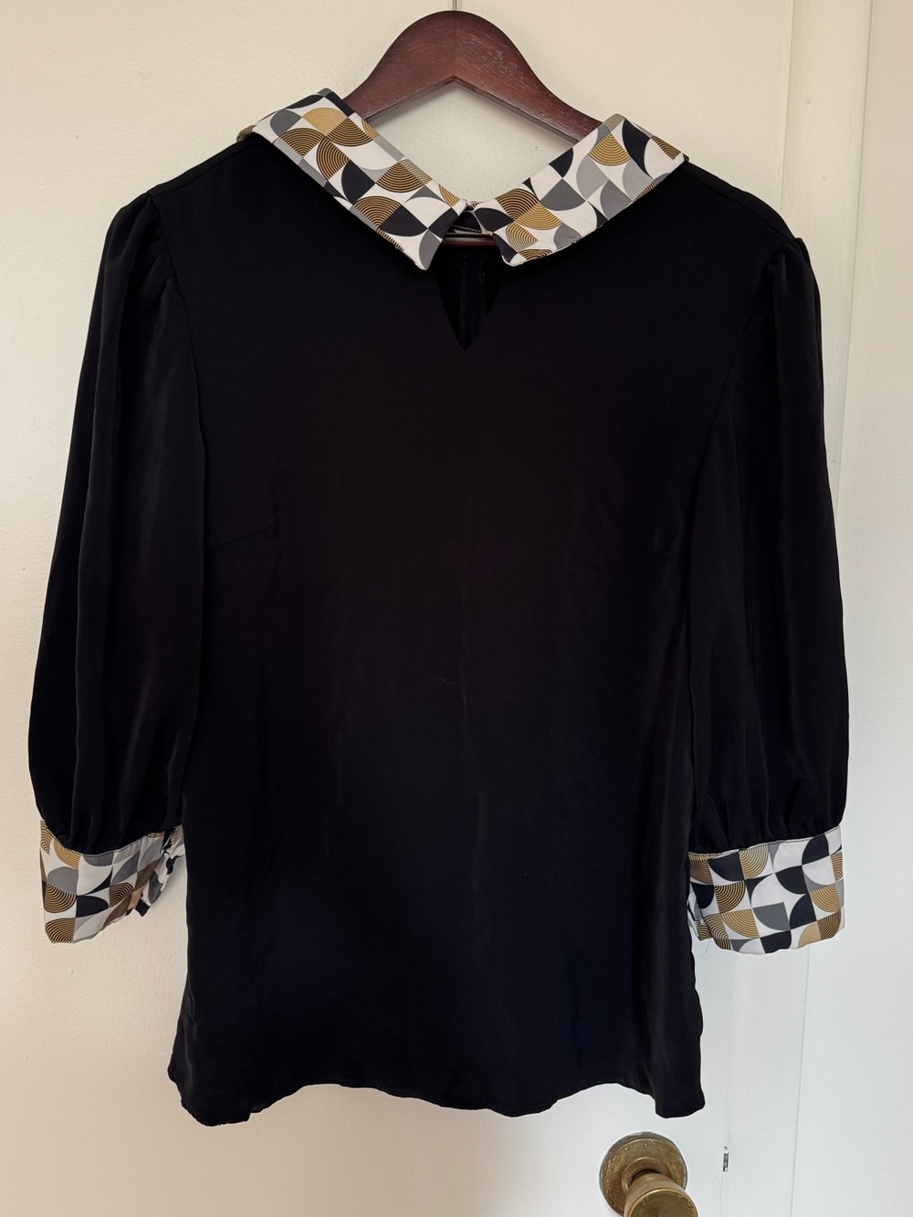 Black Blouse with Geometric Trim Collar and Cuffs